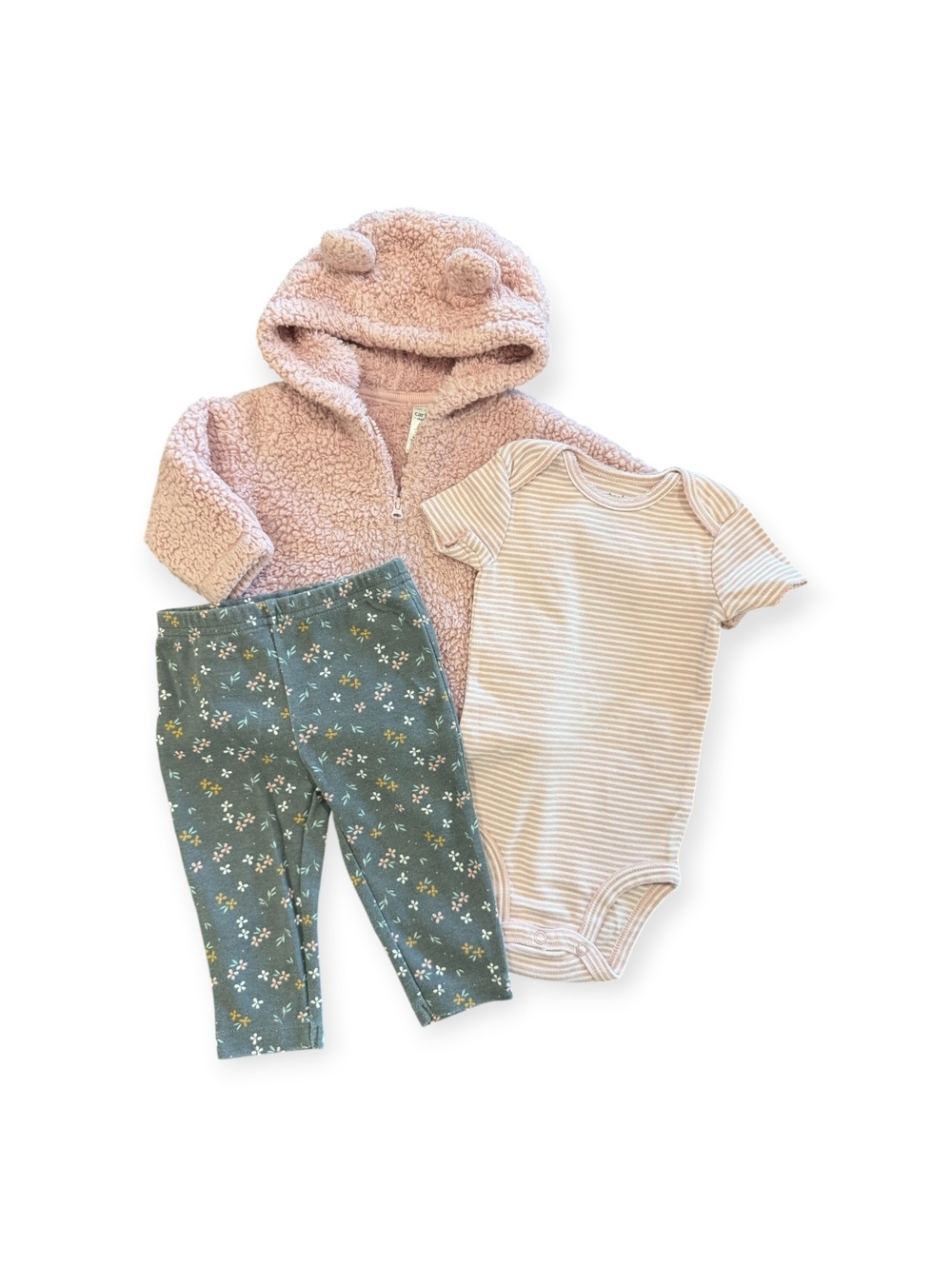 Carter's Girl 3 Piece Set Pink Sherpa Hoodie w/Bear Ears and Leggings, 3-6Mo